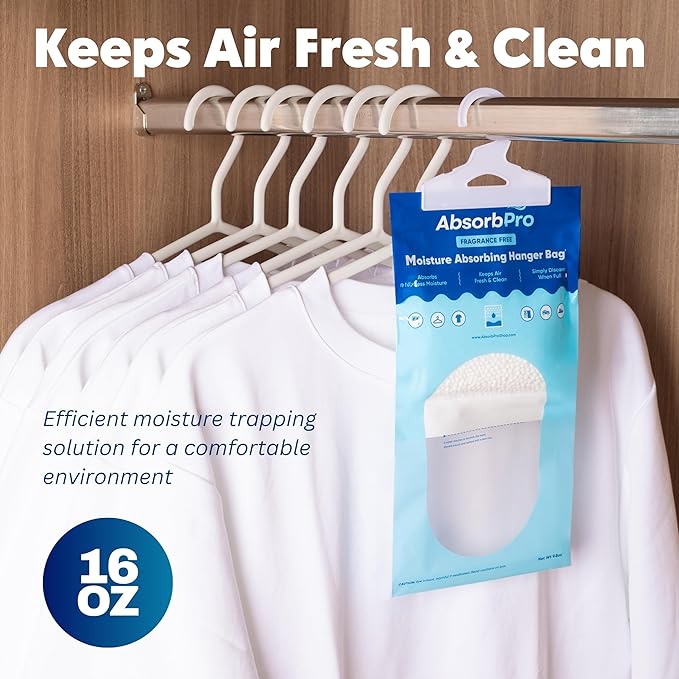 Absorb Pro - Moisture Absorbing Hanger Bag Fragrance Free - 3-Pack - 16 oz Hanging Dehumidifying Packs for Home, Kitchen, Bedroom, Bathroom, Closet, Small Rooms, Cars