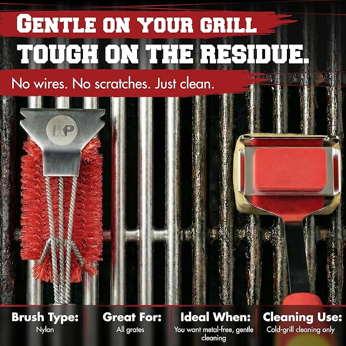 KITCHEN PERFECTION Nylon GrillSaver - Safe BBQ Grill Brush with Replaceable Cleaning Head -Heavy-Duty Grill Cleaner w/Scraper for Porcelain & Ceramic Grates, Includes Magnetic Hanger & Bottle Opener