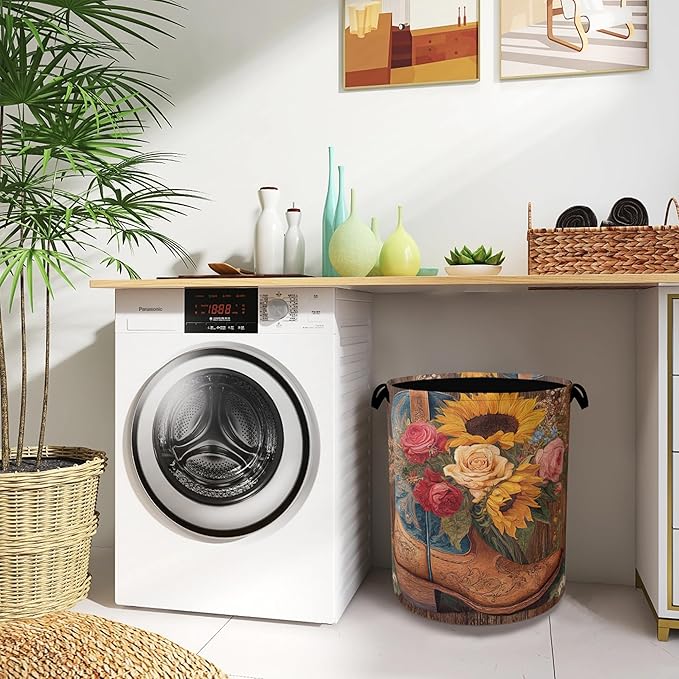 Cowboy Boots Laundry Basket,Wooden Sunflowers Foldable Oxford Cloth Tote Bag Laundry Hamper Clothes Storage Bucket Organizer for Bedroom Laundry Storage Dormitories 16" x 20.8"