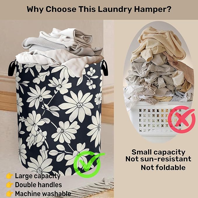 Black White Daisy Laundry Basket - Heavy Duty 60L Dirty Clothes Organizer, Water Resistant Foldable Hamper for Men Women