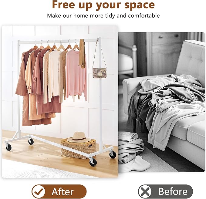 Hoctieon Z Rack Set of 2, Rolling Clothing Racks with Z-Base, Heavy Duty Garment Racks Set of 2, Clothes Rack on Wheels with Brakes, Clothes Organizer Rack Set of 2, White