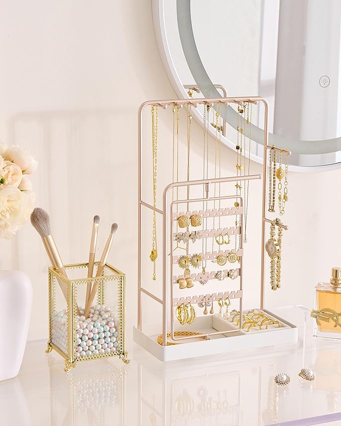 ProCase Jewelry Stand Holder Organizer, Jewelry Display Storage with Ring Tray, No-Assembly Needed, Rotating Earring Bracelet Necklace Holder, Christmas Gifts Room Dorm Decor for Teen Girls -Champagne