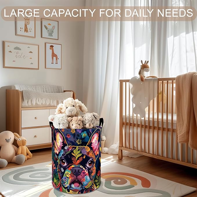 French Bulldog Laundry Basket Hamper 19.7"x15.8", Colorful Dog Foldable Waterproof Oxford Clothes Storage Bucket for Room Bathroom Bedroom Nursery Decor, Toy Organizer Bins Gifts for Kids Boys Girls