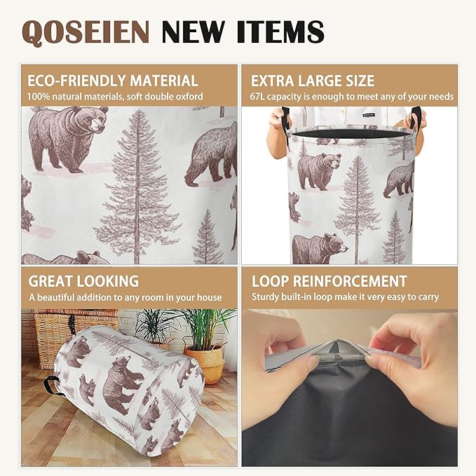 Large Laundry Basket,Retro Bear Collapsible Laundry Baskets,Forest Printed Waterproof Oxford Hamper with Handles for Bathroom Bedroom Nursery Home Storage 16"x20"