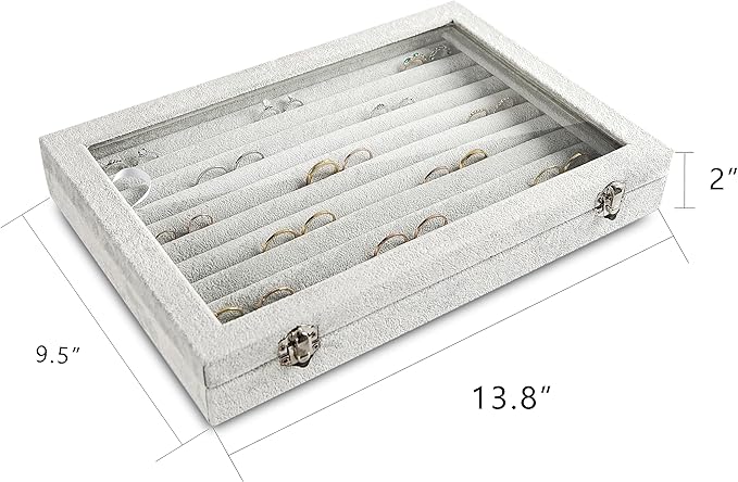 Frebeauty Rings/Earrings Organizer Tray with Clear Lid 10 Slots Velvet Drawer Insert Jewelry Storage box with Glass lid Jewelry Display Case Showcase Gift for Girls Women (Grey, 10 Slots)