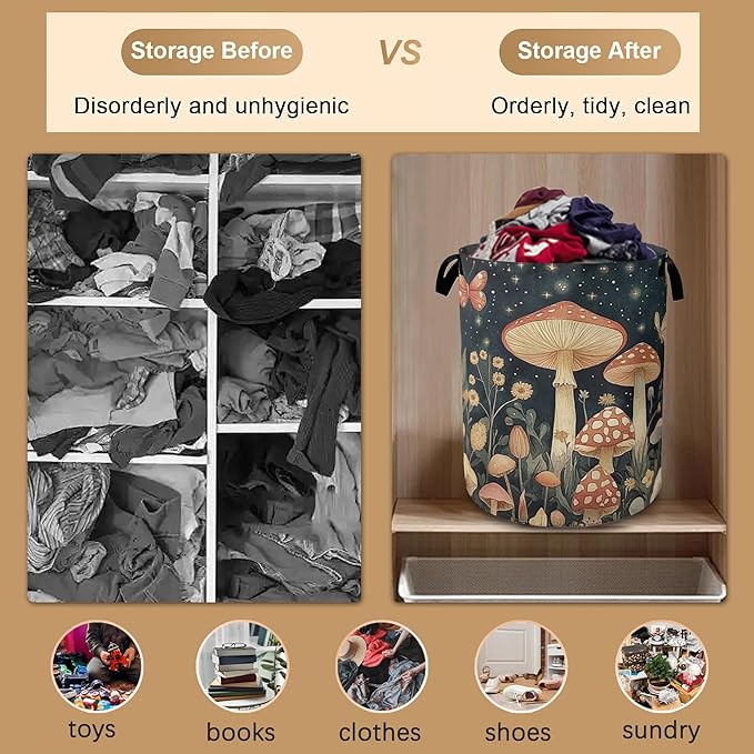 Fantasy Mushroom Laundry Basket,Butterfly Stars Collapsible Laundry Baskets with Handles,Waterproof Oxford Cloth Storage Basket 16"x20" for Bathroom/Bedroom/Dormitories