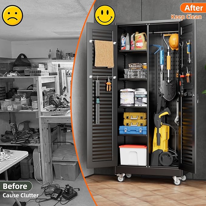 Aobabo Metal Broom Closet Storage Cabinets,Steel Mop and Broom Cabinet with Adjustable Shelves,Lock,Pegboards and Wheels,Assembly Required,Black