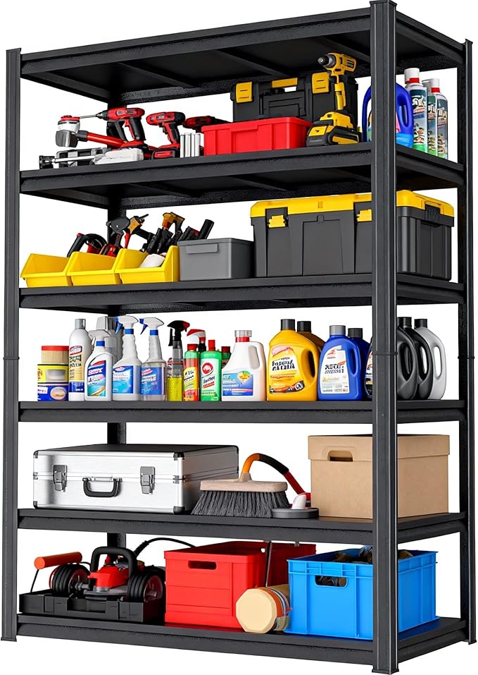 Garage Shelving Unit, Heavy Duty Metal Adjustable Storage, Steel Shelves, Industrial Shelves for Heavy Tools and Equipment, Ideal for Garage, Basement, Black (6-Tier, 77.4" H x 47.2" W x 23.6" D)