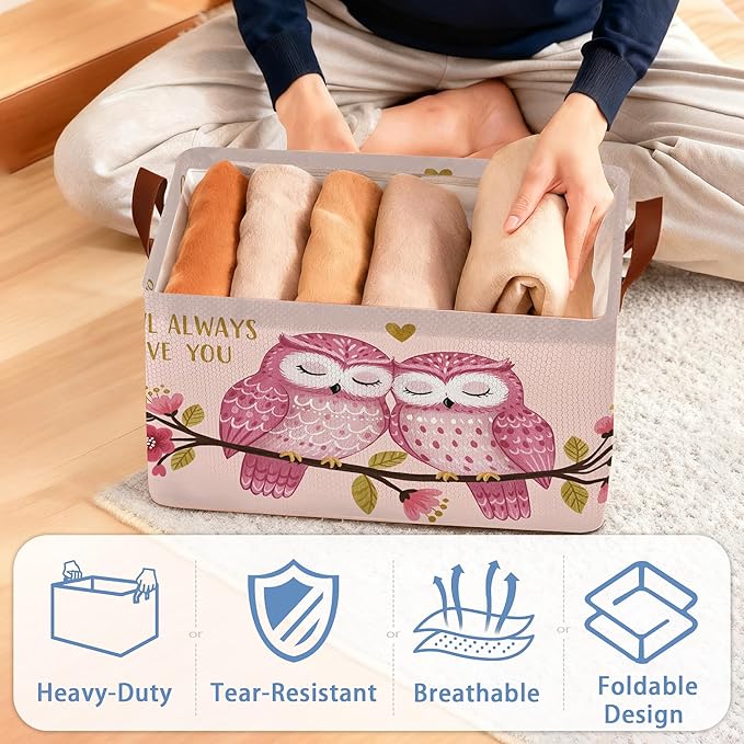 Pink Owl Storage Baskets,Flowers Foldable Organizer Bin with Handles for Home Living Room Bedroom Closet Box 17x11.5x10Inch