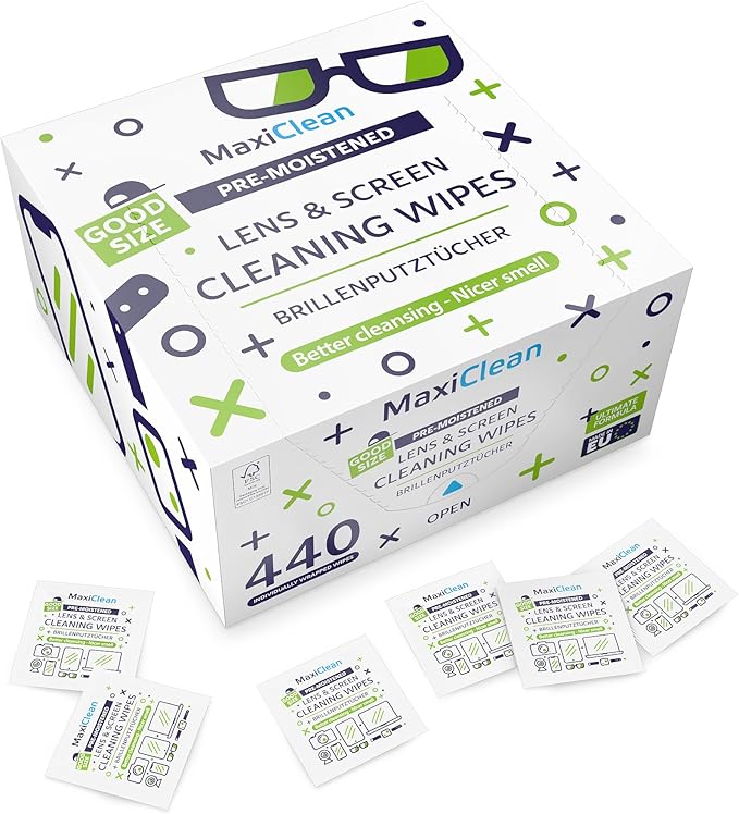MAXI CLEAN 440 Pack Lens Wipes for Eyeglasses Pre-Moistened, Individually Wrapped Streak-Free Cleaning for Glasses & Laptop Screens, Glasses Cleaner Wipe Bulk 5.5 x 4.7 Inch, Sunglasses & Phone Wipe