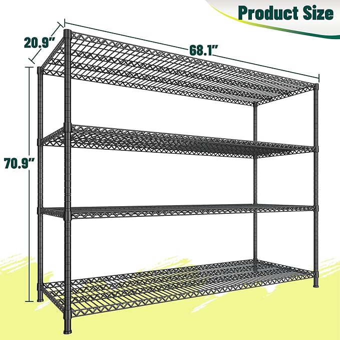 DurayLoly 68''W Storage Shelves 2500LBS Wire Shelving Unit, Adjustable Garage Shelving Heavy Duty, Metal Shelving for Garage, Pantry, Kitchen, Basement, Commercial Industrial,68.1"W x 20.9"D x 70.9"H