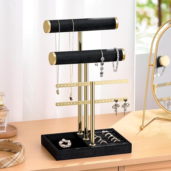 Josmimic Bracelet Holder Jewelry Organizer Display - 3 Tier T Bar Velvet Stand, Black Jewelry Storage for Bracelet, Necklaces, Earrings, Rings, Watches
