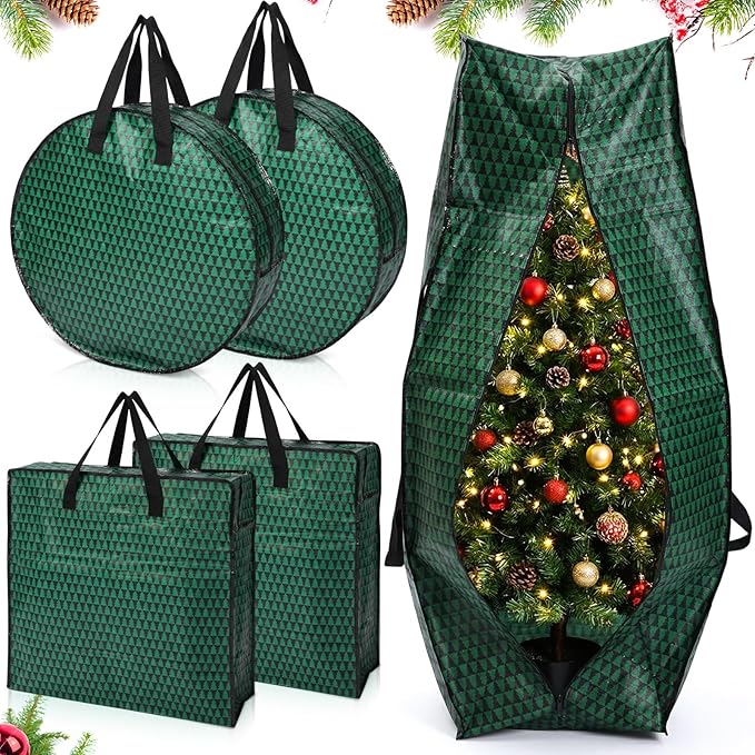 5 Pack Christmas Storage Bags Green, 7.5 Ft Large Christmas Tree Stand Bag, 24" Wreath Containers and 25" Garland Packing Tote Bags with Handle Zipper for Artificial Xmas Tree Wreath Garland