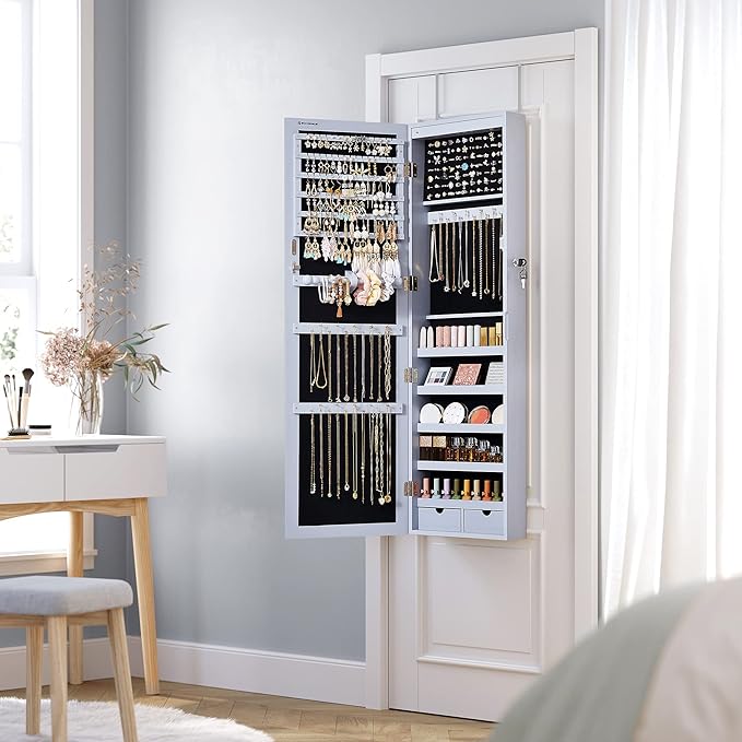 SONGMICS 6 LEDs Mirror Jewelry Cabinet, 47.2-Inch Tall Lockable Wall or Door Mounted Jewelry Armoire Organizer with Mirror, 2 Drawers, 3.9 x 14.6 x 47.2 Inches, Gray UJJC93GY