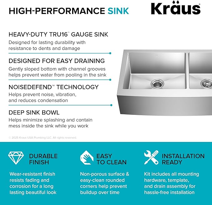 Kraus KHF203-36 Standart PRO Kitchen Stainless Steel Sink, 36 Inch Round Apron 60/40 Double Bowl