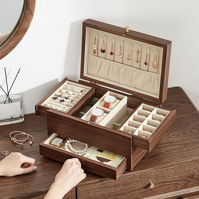Wooden Jewelry Box for Women, 3 Level Multi-functional Drawers Black Walnut Jewelry Organizer Box, Watch, Necklace, Ring, Earring Storage - Valentine's Day Gifts (No Mirror)