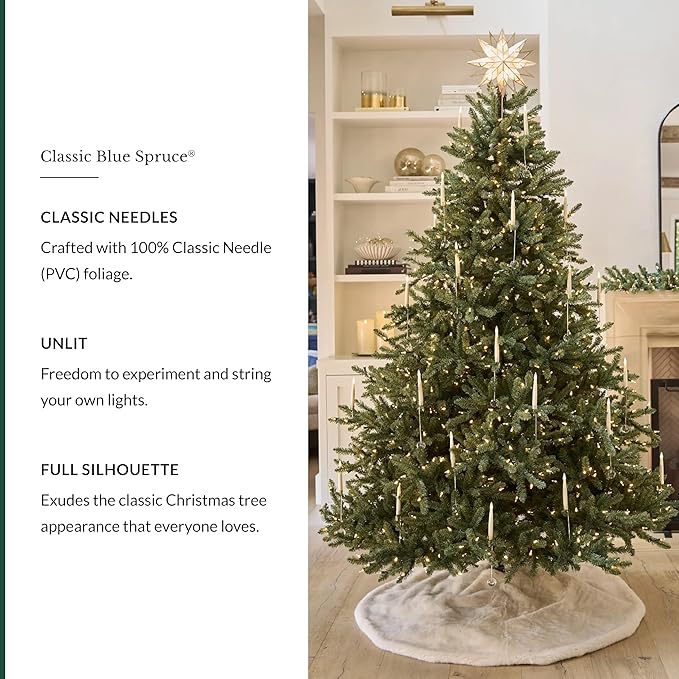 Balsam Hill 7.5 ft Unlit Classic Blue Spruce - Artificial Christmas Tree with 2,960+ Tips, Premium Stand & Easy Assembly for Indoor Holiday Decorating