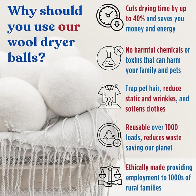 Wool Dryer Balls – 4 XL Organic Wool Balls, Reusable Natural Fabric Softener, Reduce Drying Time, Wrinkles, Static & Laundry Clumping, Eco-Friendly Laundry Balls