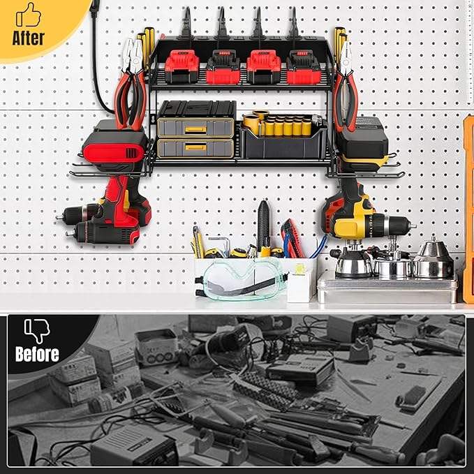 Power Tool Organizer Wall Mount, 2 Layers Heavy Duty 4 Cordless Drill Holder Tool Storage Rack with 8 Power Strip Battery Charging Station,Pliers Screwdrivers Organizer for Garage, Workshop,Tool Room