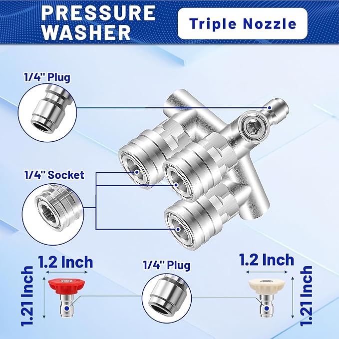 EZALOR Triple Pressure Washer Nozzle, 3-in-1 Power Washer Tips, 3 Nozzles for Pressure Washing with 12PCS Power Washer Spray Nozzles (0, 15, 25, 40 Degree), 1/4 Inch Quick Connect, 5000 PSI