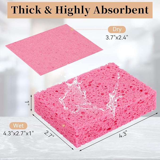 Mkobon 6 Pcs Kitchen Sponges for Dishes Cleaning, Non Scratch for Non Stick Cookware, Compressed Natural Cellulose Sponges, Dish Washing Scrubbers, Scrubbing Pads for Household, Bathroom (Red)