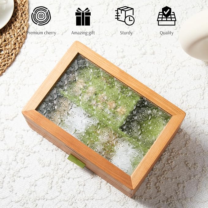 Wooden Jewelry Box, Large Size Case, Natural Solid Cherry Wood Vintage Trinket Organizer with 2-Layer Storage, Drawer, Ring Compartments, Necklace Hooks, Glass Lid, ek06-b-cherry