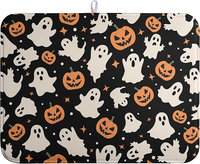 Wnoesat Halloween Dish Drying Mat for Kitchen Counter Pumpkin Spooky Ghosts Fall Dish Mat Absorbent Microfiber Reversible Dish Draining Mat Extra Large Dishes Pad 18 X 24 Inch