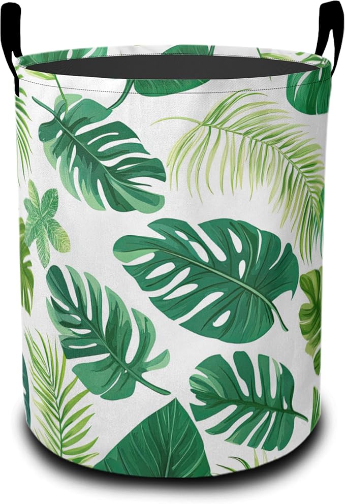 Tropical Palm Leaves Laundry Hamper Large Canvas Fabric Lightweight Storage Basket/Dirty Clothes Collapsible Waterproof for College Dorms, Boys and Girls Bedroom,Bathroom
