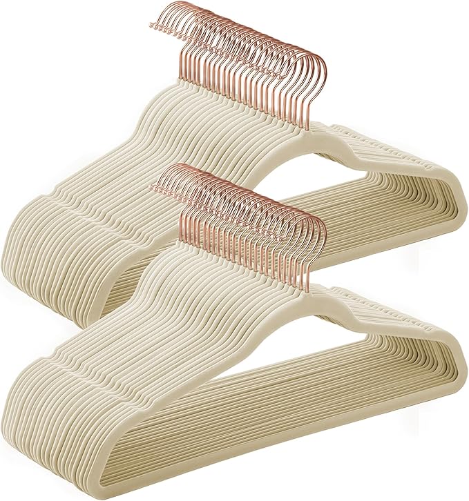 SONGMICS Slim Velvet Hangers, Non-Slip Clothes Hangers with Rose Gold Swivel Hooks, Space-Saving, for Closet, 50 Pack, Sandy Beig UCRF026K50