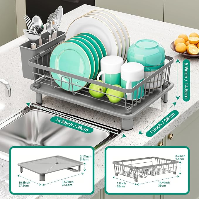 GAOKASE Dish Drying Rack, Space-Saving Dish Rack, Dish Racks for Kitchen Counter, Kitchen Dish Drainers with Removable Utensil Holder,Plate Rack and Drainboard, 11''W x 15''L, Gray