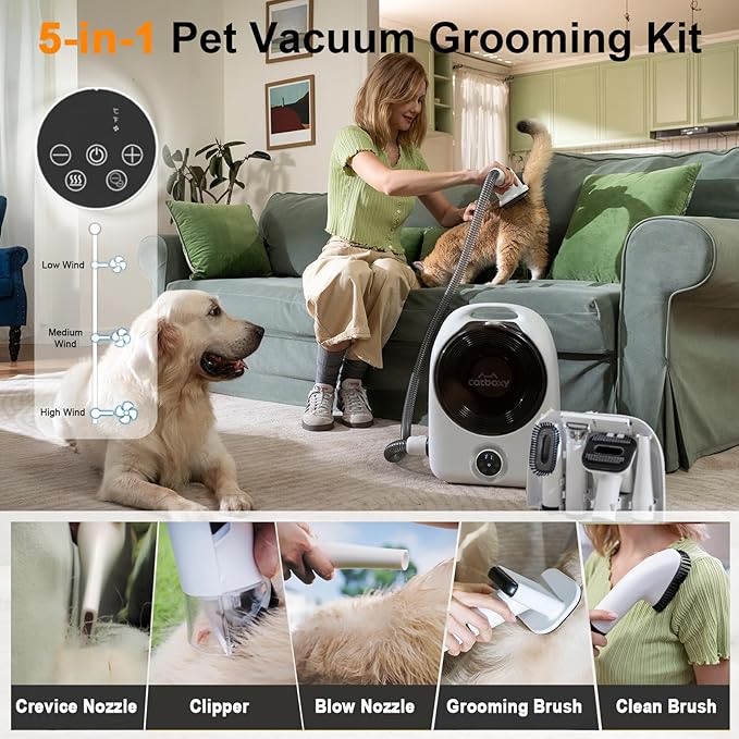 Catboxy Dog Grooming Vacuum and Pet Dryer, 5-in-1 Dog Grooming Kit for Shedding, Low Noise Doggie Hair Blow Dryer, 2.5L Canister for Cat Vacuum Groomer, Portable Pet Trimmers for Dogs, White