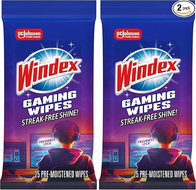 Windex Gaming Cleaning Wipes, Pre-Moistened Wipes to Instantly Clean all Gaming Gear and Electronics, Resealable Packaging for a Freshness Lock, 25 count (Pack of 2)