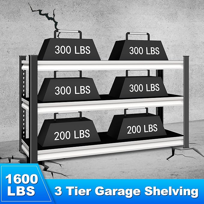 Rufokisa 3-Tier Garage Shelving Heavy Duty,48" W Metal Shelving Unit for Garage,1600lbs Load Capacity Utility Rack Shelves & Shelves,48" W x 18" D x 39" H(White)