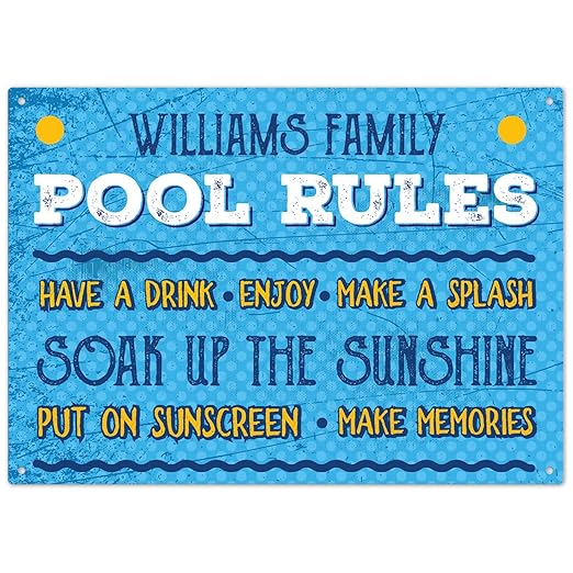 Custom Pool Sign, Pool Rules Make A Splash For Pool Décor Sign, 10x14 Inches, Rust Free .040 Aluminum, Fade Resistant, Made in USA by Sigo Signs