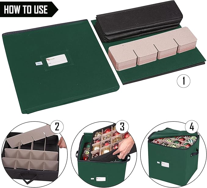 Primode Christmas Ornament Storage Box, 4 Individual Trays Xmas Storage Container, Fits 64 Ornaments Decoration Balls, Constructed of Durable 600D Oxford Material (Green)