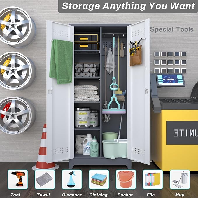 Metal Storage Cabinet,Broom Closet Storage Cabinet with Adjustable Shelves,Tall Utility Cabinet with Pegboard,Locking Storage Cabinets for Garage,Laundry,Basement,Grey-White