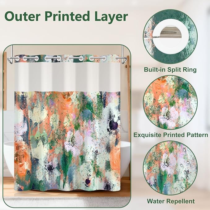 Abstract Colorful Shower Curtain with Liner, Watercolor Modern Aesthetic Bathroom Curtains, Hotel Style Double Layers No Hook Shower Curtain, Washable Waterproof Fabric, Green Yellow 71x74 inch