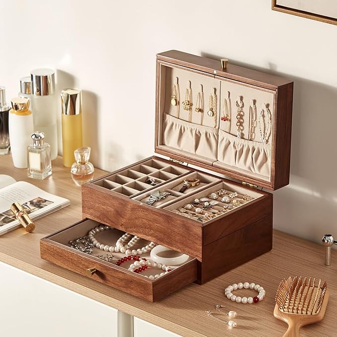 CHOSIN Black Walnut Wooden Jewelry Box for Women, 3 Level Multi-functional Drawer Organizer Box Watch Necklace Ring Earring Storage Valentine's Day Gift