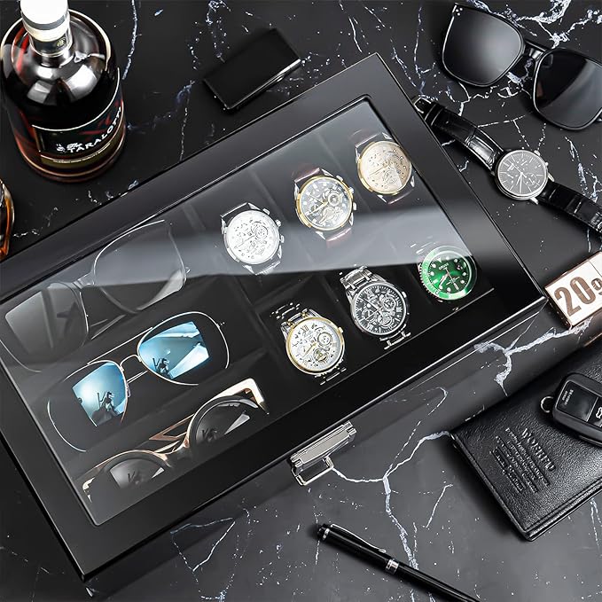 ProCase Lacquered Finish Wooden Men's Jewelry Box, 6 Slots Watch and Sunglasses Box Organizer for Men, 2-Tier Watch Holder Display Cases with Glass Top and Storage Drawer -Black