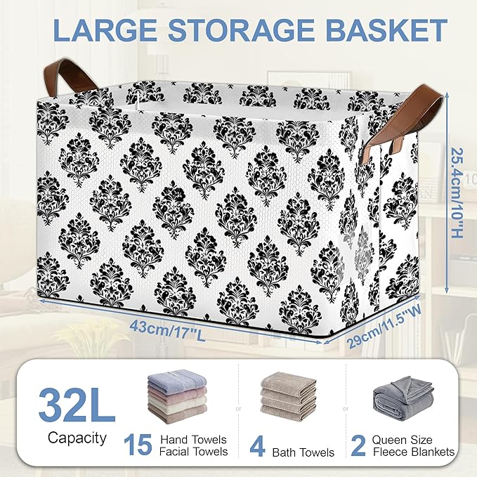 Vintage Damask Floral Storage Baskets,Foldable Large Capacity Organizer Bins with Waterproof Lining and Leather Handles for Closet,Shelf,Bedroom 17x11.5x10Inch