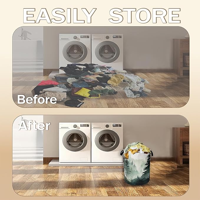 Foggy Forest Mountain Laundry Hamper,Watercolor Tree Clothes Hamper for Laundry,Waterproof Oxford Toy Storage Collapsible Hampers for Bedroom, Dorm Room,Bathroom,16x20 Inch