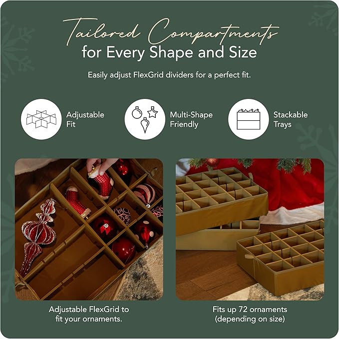 Covermates Keepsakes Adjustable Ornament Storage Box – Heavy-Duty Polyester, Padded Dividers & FlexGrid Trays – Protective Holiday Organizer with Stackable Walls & Label Window, Red