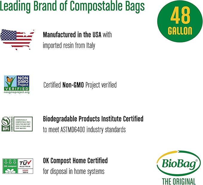 BioBag (USA) The Original Compostable Bag, 48 Gallon, 80 Count, 100% Certified Compostable Trash Bag Liners for Food Waste, Extra Strong and Durable, Trash Bag