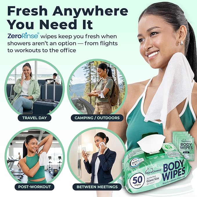 Body Wipes for Women, Extra Moist No Rinse Bathing Sheets 4pk, 200 XL Shower Cloths + 16 Deodorizing Bath Wipes -10 x 11.5" Travel Size Essentials,Toiletries for Womens Hygiene & Post Workout Cleanup