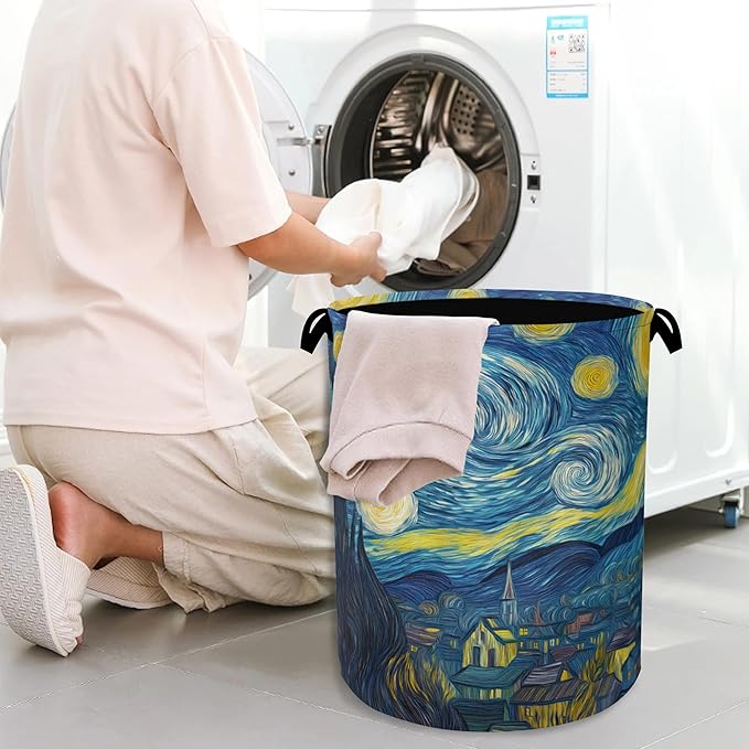 Starry Night Moon Laundry Basket,Village Oxford Cloth Laundry Hamper with Handle Foldable Portable Clothes Storage Basket for Bathroom Bedroom Dorm Room 16" x 20.8"