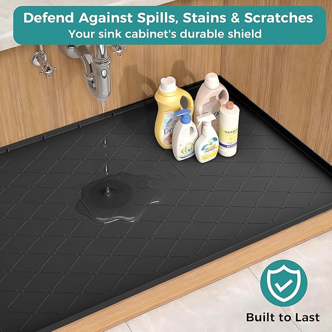 URMONA Under Sink Mat for Kitchen Waterproof, 19" x 22" Silicone Under Sink Mat for Shelf Liner Organizer, Cabinet Sink Protector Under Sink Liner for Bottom Kitchen, Bathroom(Black)