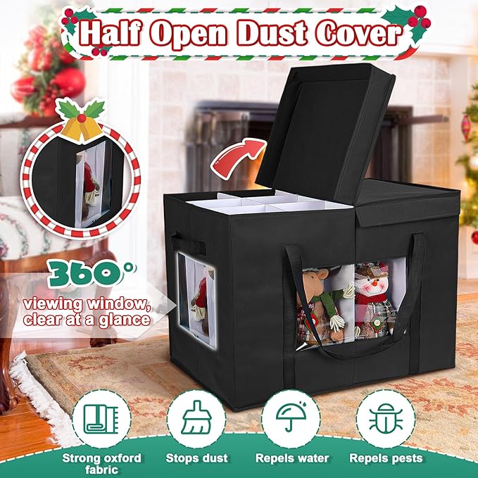 Christmas Figurine Storage Box, 24”x18”x15” Ornament Storage Box, 2025 UpgradeNutcracker Storage Box, Figurine Storage with Dividers, Adjustable Extent Area for Figurines and Pocket, Black