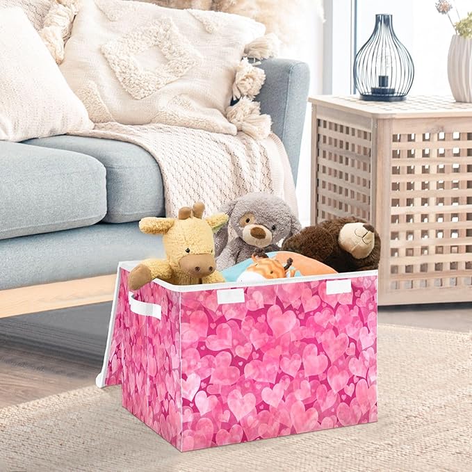 Bolaz Storage Bins with Lids and Handles,Valentines Day Pink Hearts Storage Box Storage Basket with Cover Collapsible Organizer Containers for Home Closet, Shelves