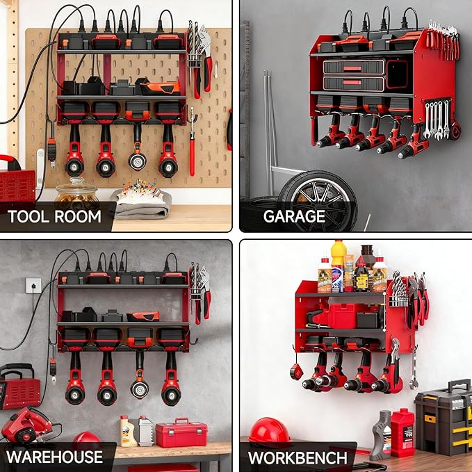 Power Tool Organizer Wall Mount with Charging Station, Heavy Duty 3 Layers Tool Storage Rack with 4 Cordless Drill Holder, Battery Holder with 8 Power Strip, Ideal for Garage, Warehouse, Workshop
