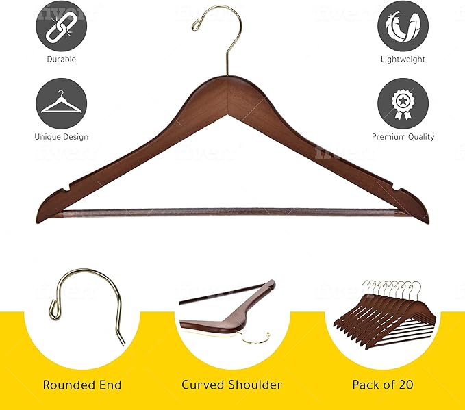 Quality Wooden Hangers - Slightly Curved Hanger 90 Pack Sets - Solid Wood Coat Hangers with Stylish Chrome Hooks - Heavy-Duty Clothes, Jacket, Shirt, Pants, Suit Hangers (Walnut - Gold Hook, 90)